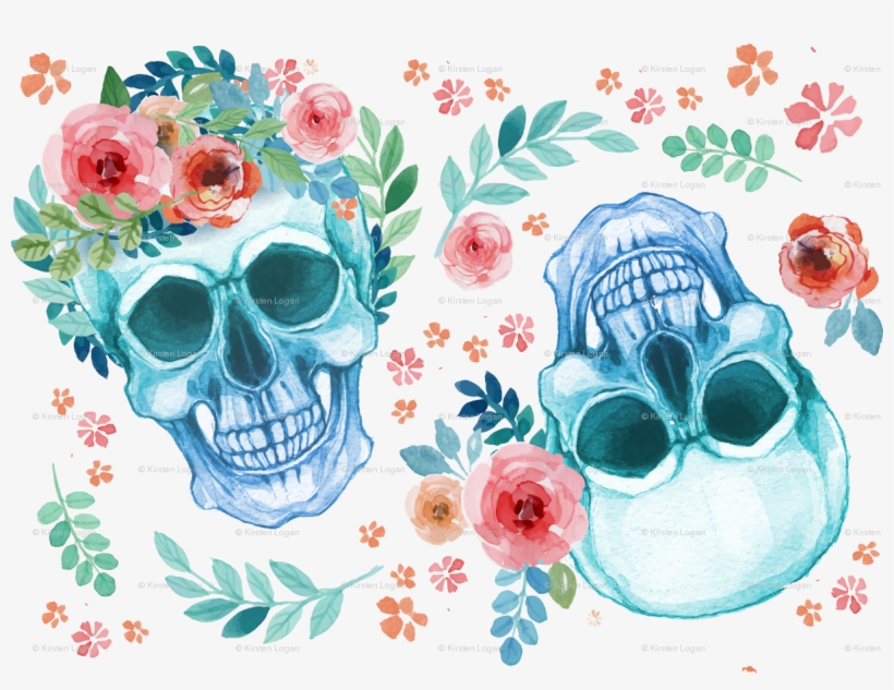 Sugar Skull Watercolor Spring Flowers Wallpaper - Sugar Skull Watercolor, transparent png #6165