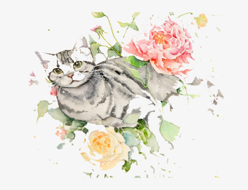 Clip Art Freeuse Download Flowers Cat Watercolor Painting - Cat With Flowers Drawing, transparent png #7843