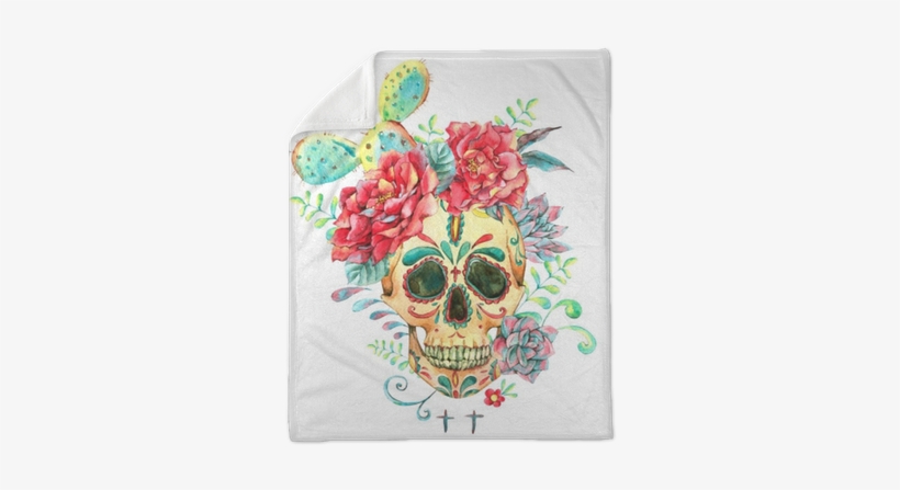 Watercolor Card With Skull And Roses Plush Blanket - Succulent Skull Art, transparent png #7994