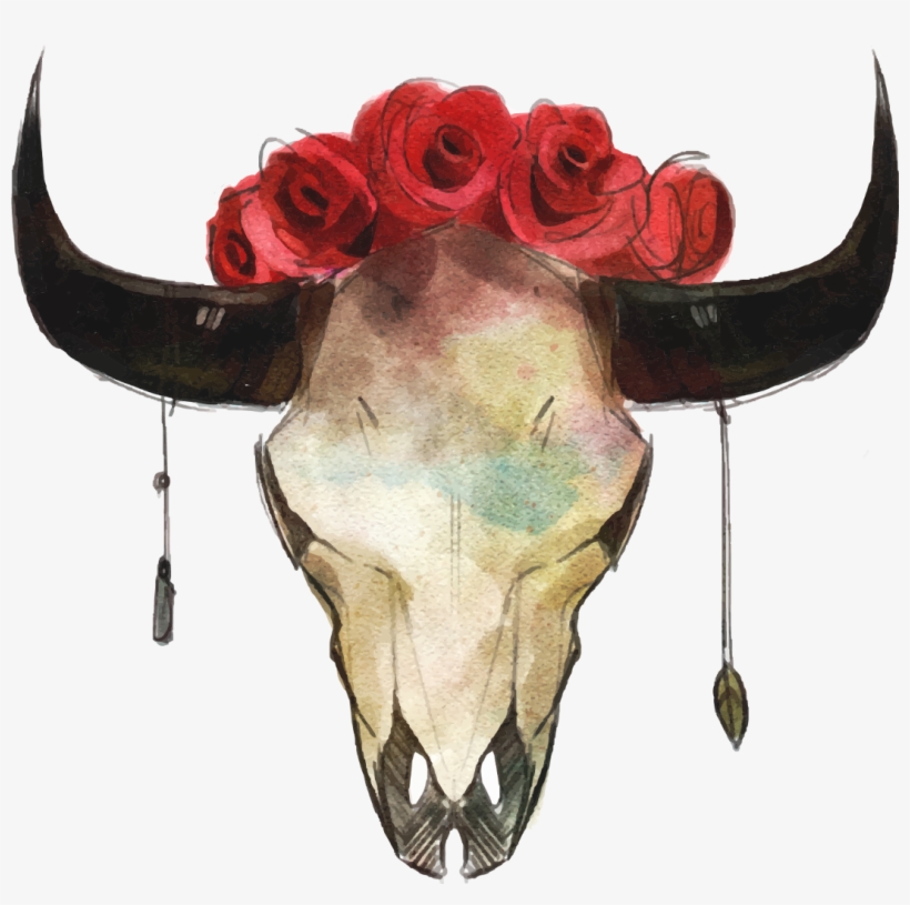 Skeleton Skull Horns Boho Hipster Flowers Roses Ftestic - Western-element-einladung Karte, transparent png #9208