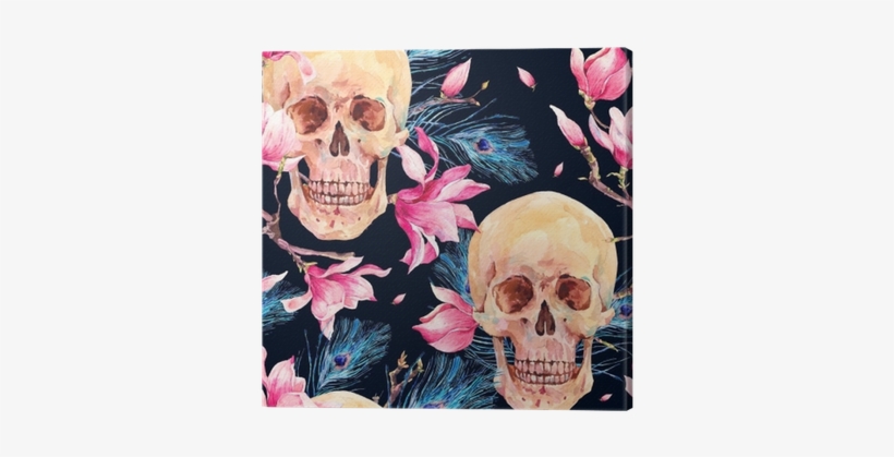 Watercolor Seamless Pattern With Skull And Magnolia - Beddinginn Blooming Flower On Skull Print 3d 5pcs 100%, transparent png #10655