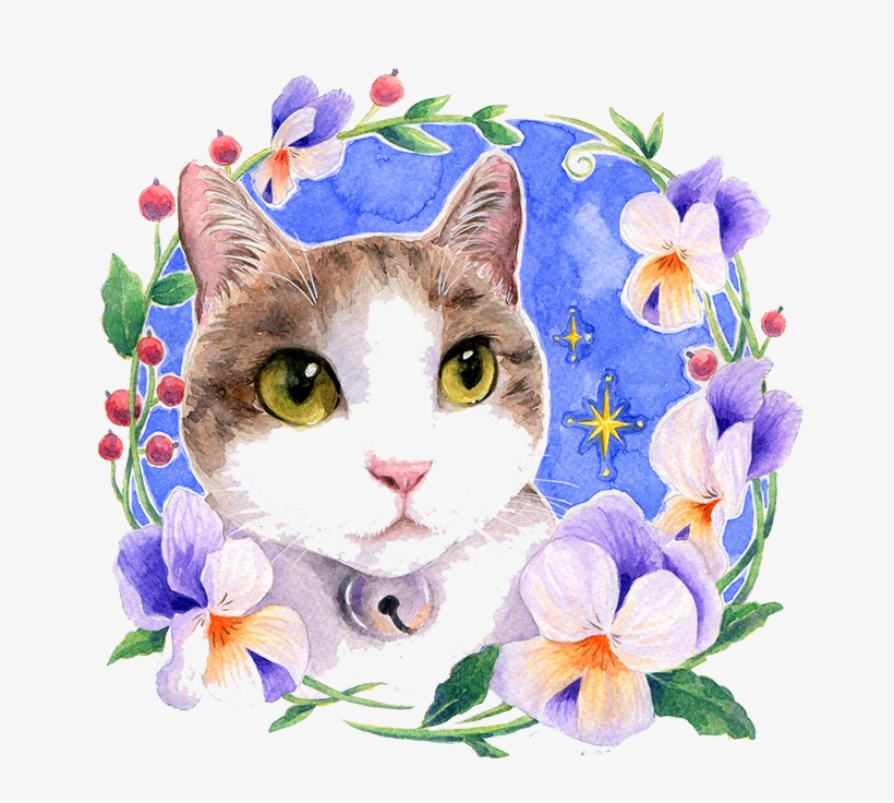 Clipart Free Library Watercolor Flowers Cat Watercolour - Cat With Flowers Painting, transparent png #16183