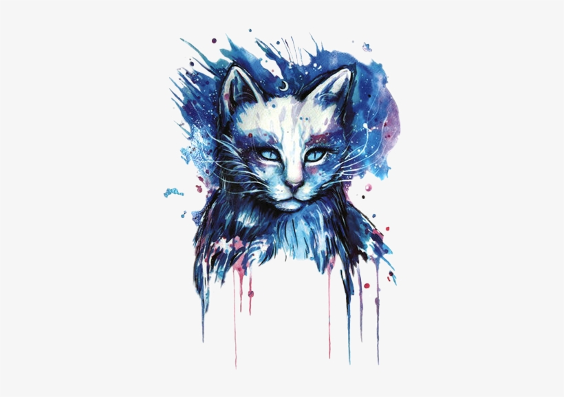 Blue Cat Cats Blackcat Galaxy Watercolor Watercolour - Branco Tatuagens De Gato, transparent png #16412