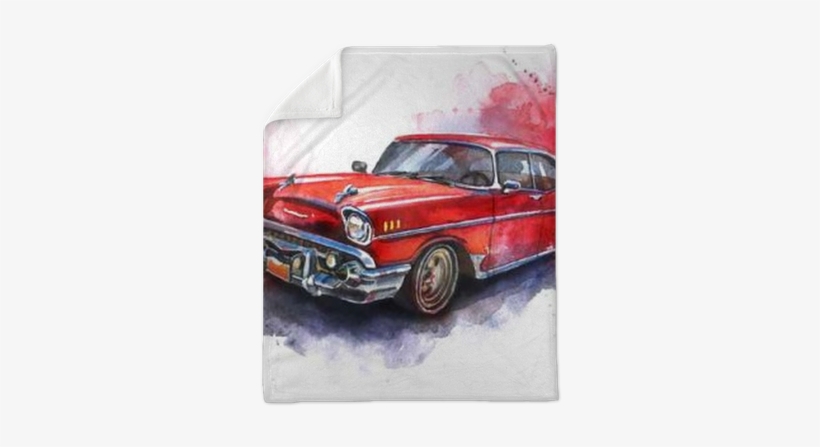 Watercolor Hand Drawn Old Fashioned Red Car Plush Blanket - Carro Dibujo Acuarela, transparent png #19769
