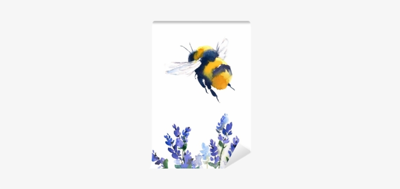 Bumblebee Flying Over Blue Flowers Watercolor Hand - Bumble Bee Watercolor, transparent png #100112