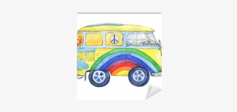 Old-fashioned Yellow Hippie Сamper Bus, Painted In - Watercolor Painting, transparent png #105277