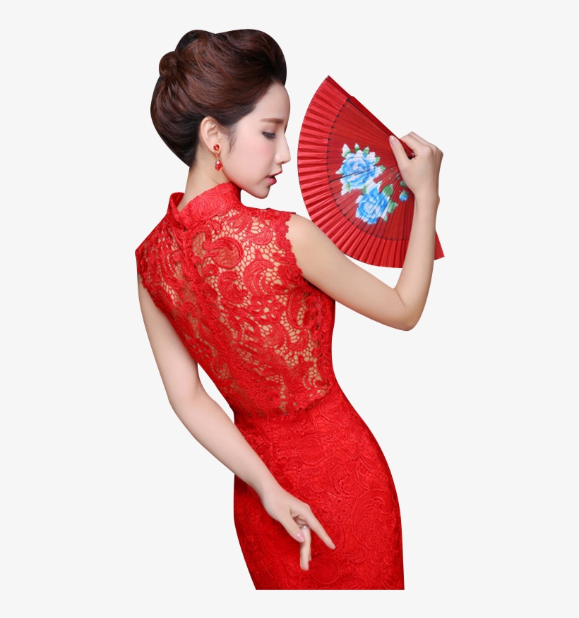 Bsjy-15289 Hollow Back Sleeveless Red Lace Trailing - Red Lace Dress Cheongsam, transparent png #10076559