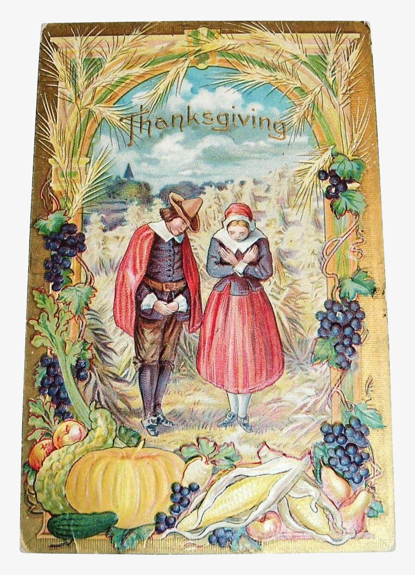 Pilgrim Couple Giving Thanks Among Their Bountiful - Thanksgiving Vintage Cards, transparent png #1011172