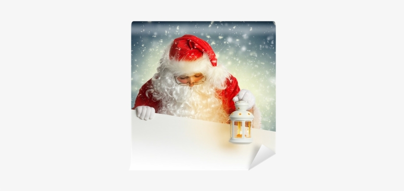 Santa Claus Looking Down On White Blank Banner Holding - Santa Claus With A Lantern, transparent png #1015153