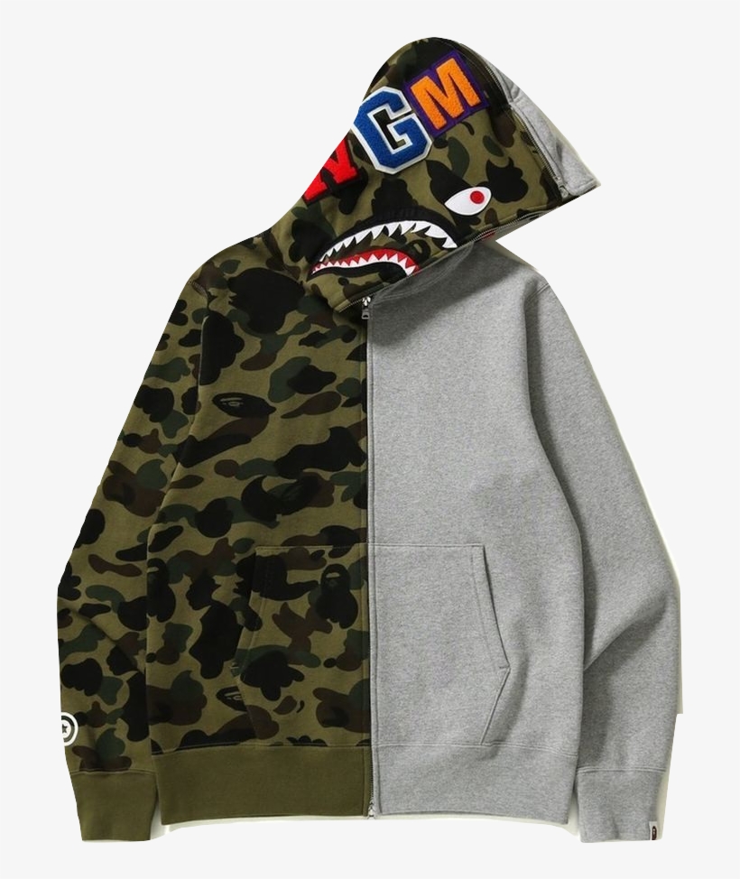 A Bathing Ape 1st Camo Half&half Full Zip Hoodie - Bape 1st Camo Shark Hoodie Grey Green Half, transparent png #1016410