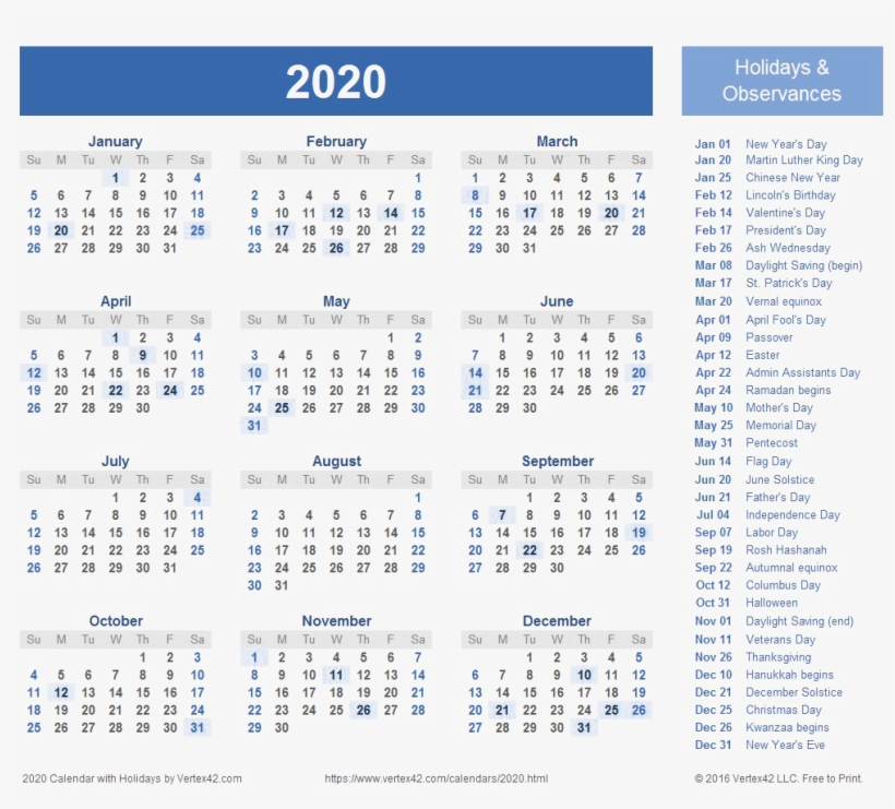 2020 Calendar Transparent Background - Free Printable 2020 Calendar With Holidays, transparent png #10121392