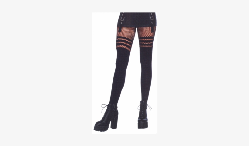 Opaque Faux Thigh High Stockings With Striped Fishnet - Faux Thigh High Tights, transparent png #1021909