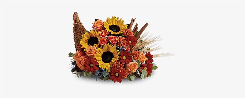 Sunflowers And Orange Roses Are Accented With Blue - Teleflora T168-3a Classic Cornucopia - Fall Flowers, transparent png #1026446