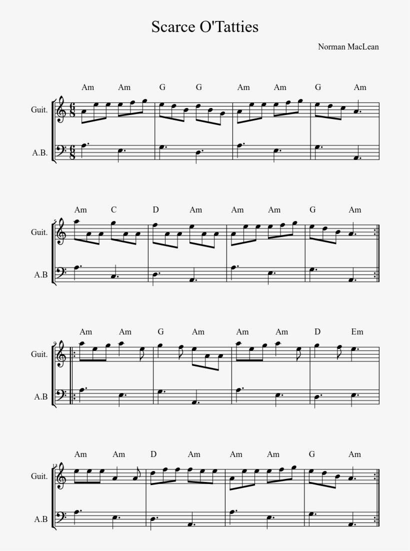 Scarce O'tatties Sheet Music Composed By Norman Maclean - Yesterday The Beatles Guitar Sheet, transparent png #1028267