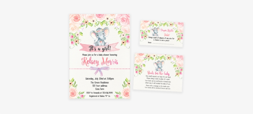 Blush Pink Floral Elephant Baby Shower Invitation Pack - Niedliches Elefant-geschlecht Decken 11,4 X 15,9 Cm, transparent png #1030108