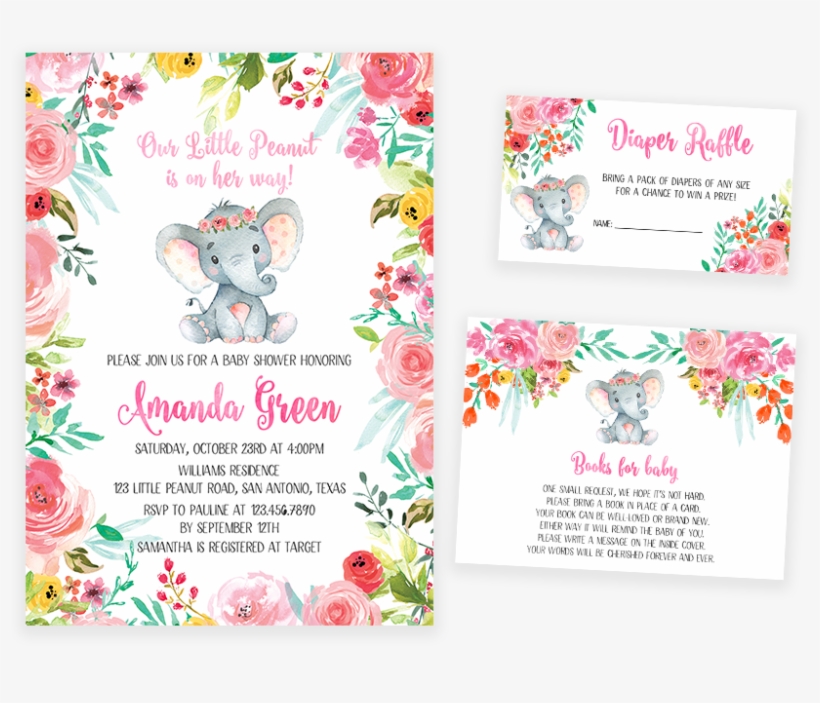 Colorful Floral Elephant Baby Shower Invitation Pack - Aquarell-elefant-mädchen-babyparty 8 Papierteller, transparent png #1030574