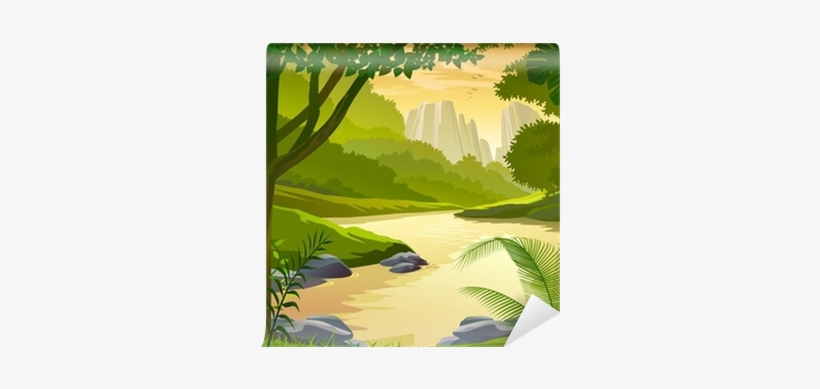 Tropical Rain Forest Trees And Fresh Water Stream Wall - Cartoon Nature Background, transparent png #1075510