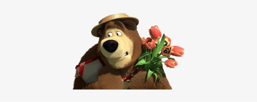 Bear Holding A Present And Flowers - Маша И Медведь День Святого Валентина, transparent png #1078679