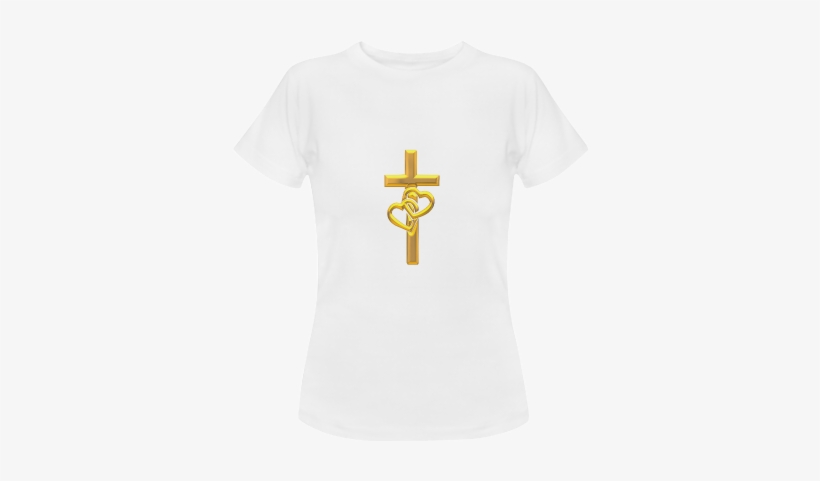 Christian Symbols Golden Cross With 2 Hearts Women's - T-shirt, transparent png #1086985