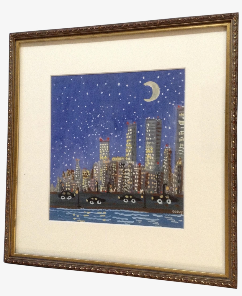 Naive Nocturnal Cityscape Watercolor Painting Signed - Picture Frame, transparent png #116979