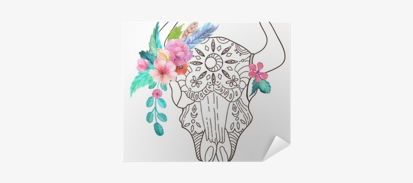 Doodle Bull Skull With Watercolor Flowers And Feathers - Watercolor Painting, transparent png #118823