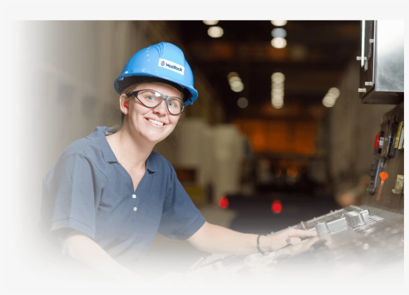 A Woman In A Blue Shirt And Blue Hard Had Working On - Hard Hat, transparent png #1119147