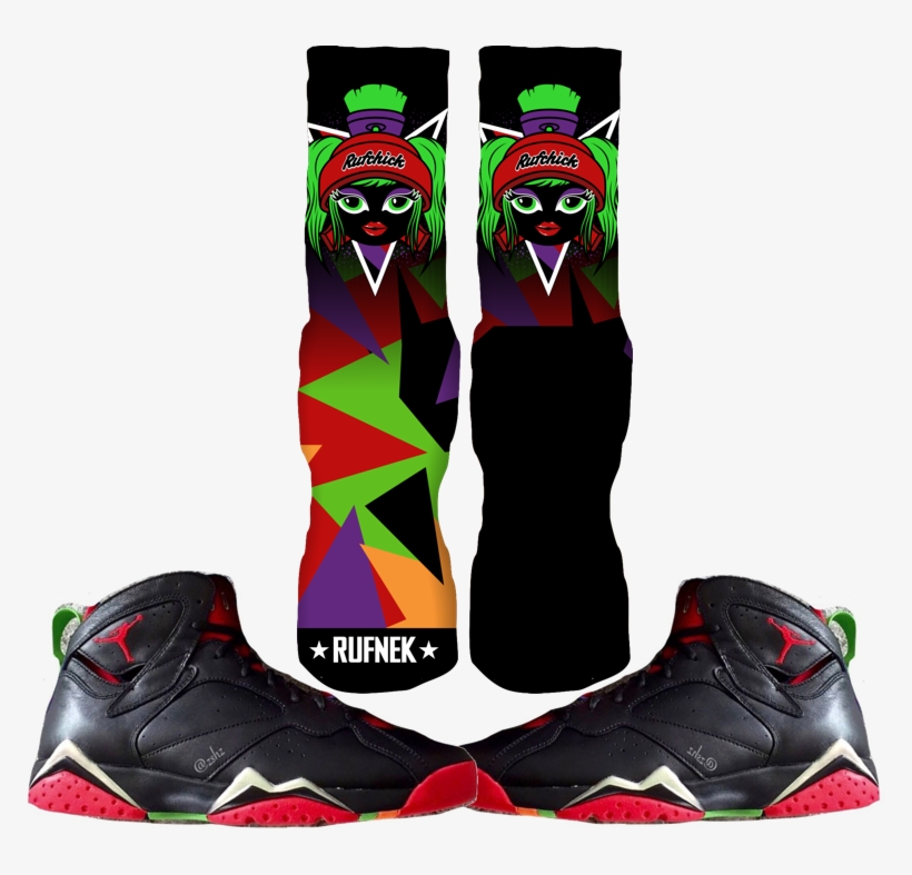 Marvin The Martian 7 Custom Socks - Jordan 7 Black/university Red Green Pulse Cool Grey, transparent png #1136753