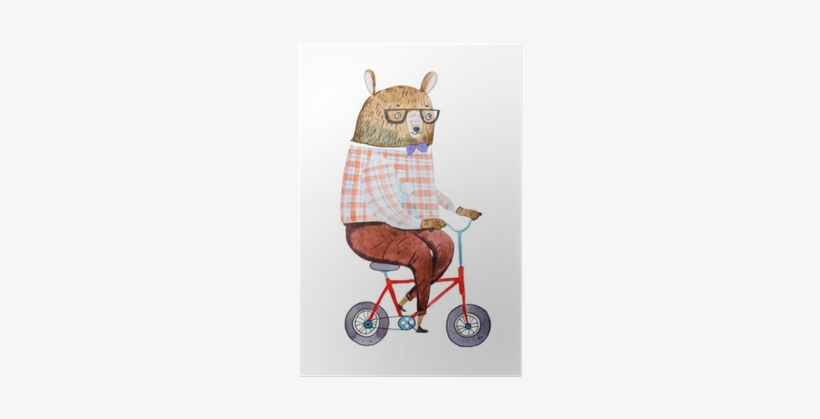 Cartoon Bear Dressed Up In Hipster Clothes Riding A - Watercolor Painting, transparent png #1146904