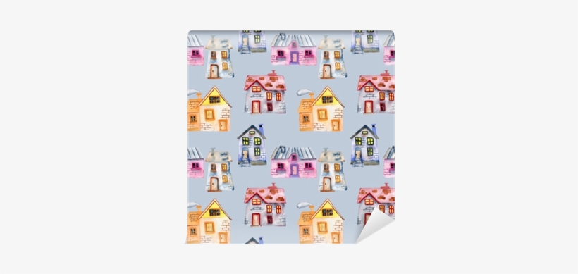 Seamless Pattern With Watercolor Cartoon Private Houses, - House, transparent png #1147728