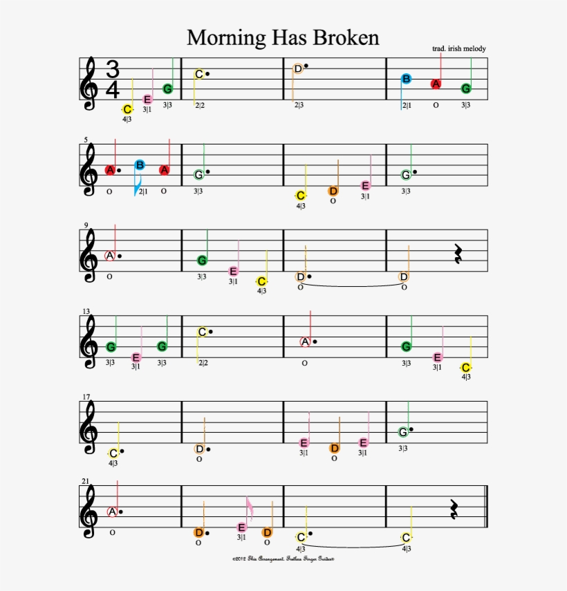 Color Coded Free Violin Sheet Music For Morning Has - Simple Violin Sheet Music For Beginners, transparent png #1148270