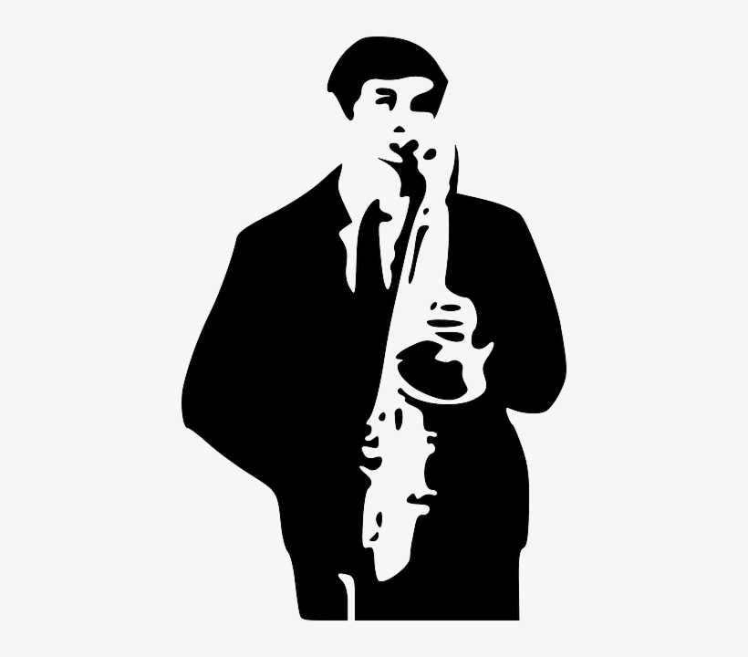 Black, Music, Drawing, Man, Silhouette, White, Cartoon - Saxophone Player Vector, transparent png #1154887