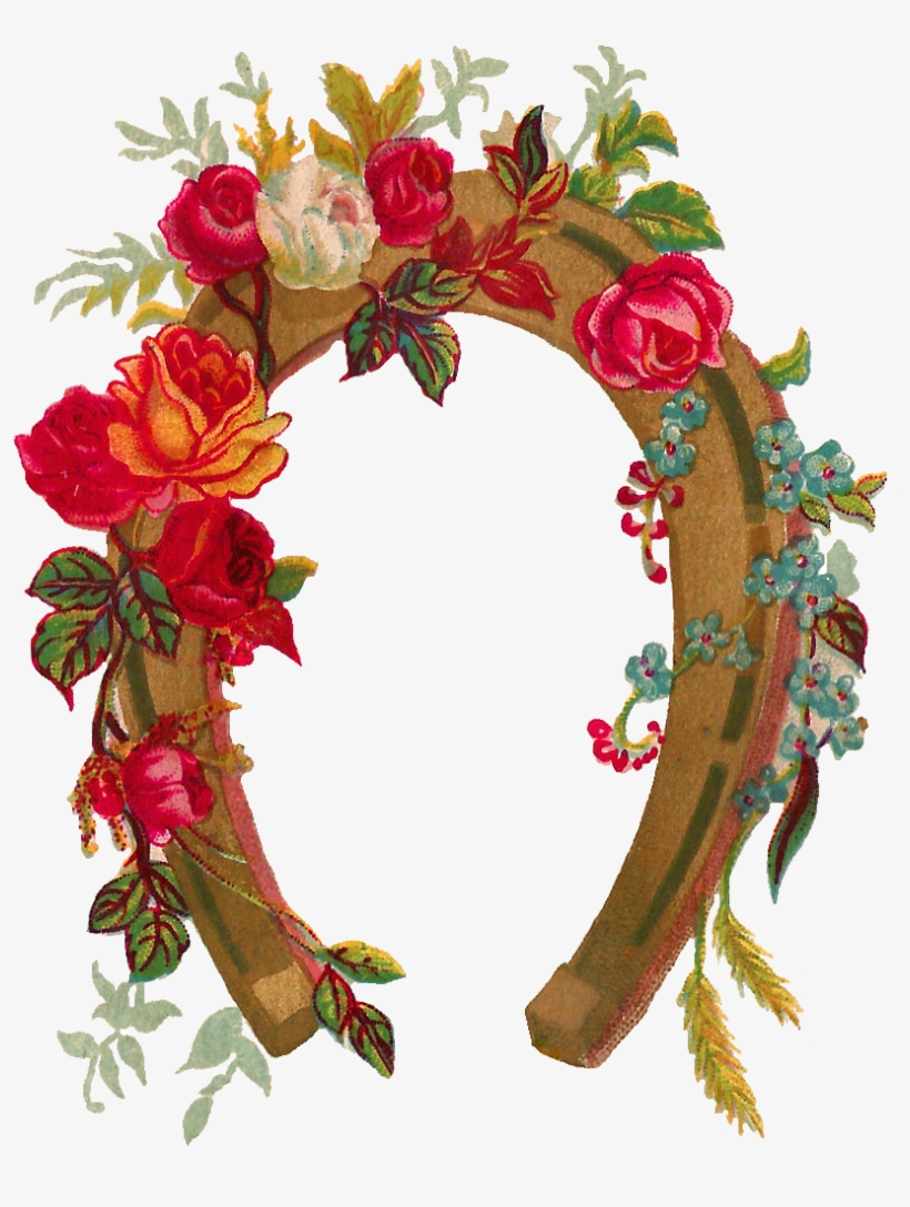 This Is A Lovely Horseshoe Graphic From A Vintage Greeting - Horseshoe With Flowers Clipart, transparent png #1165076