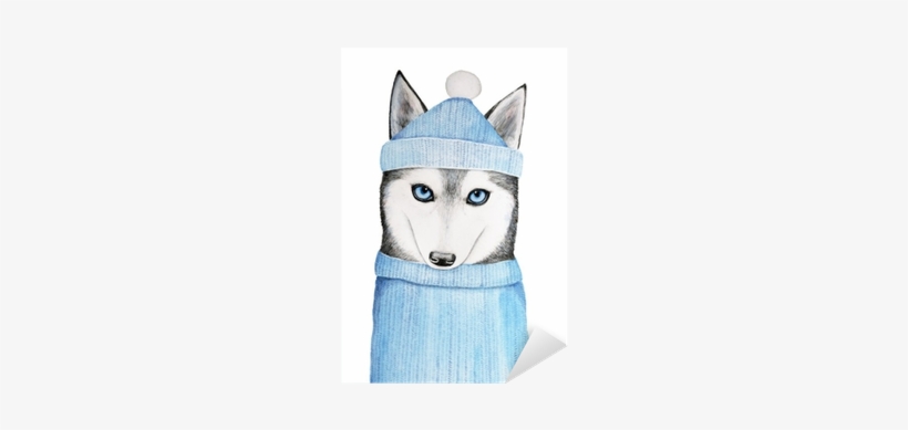 Cute Husky Dog In A Blue Winter Hat And Warm Sweater - Sweater, transparent png #1179000