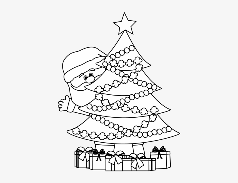 Black And White Santa Behind Christmas Tree - Christmas Clipart Black And White, transparent png #1192393