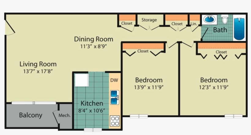 The Westwinds Two Bedroom With Balcony Floor Plan - Floor Plan, transparent png #1214416