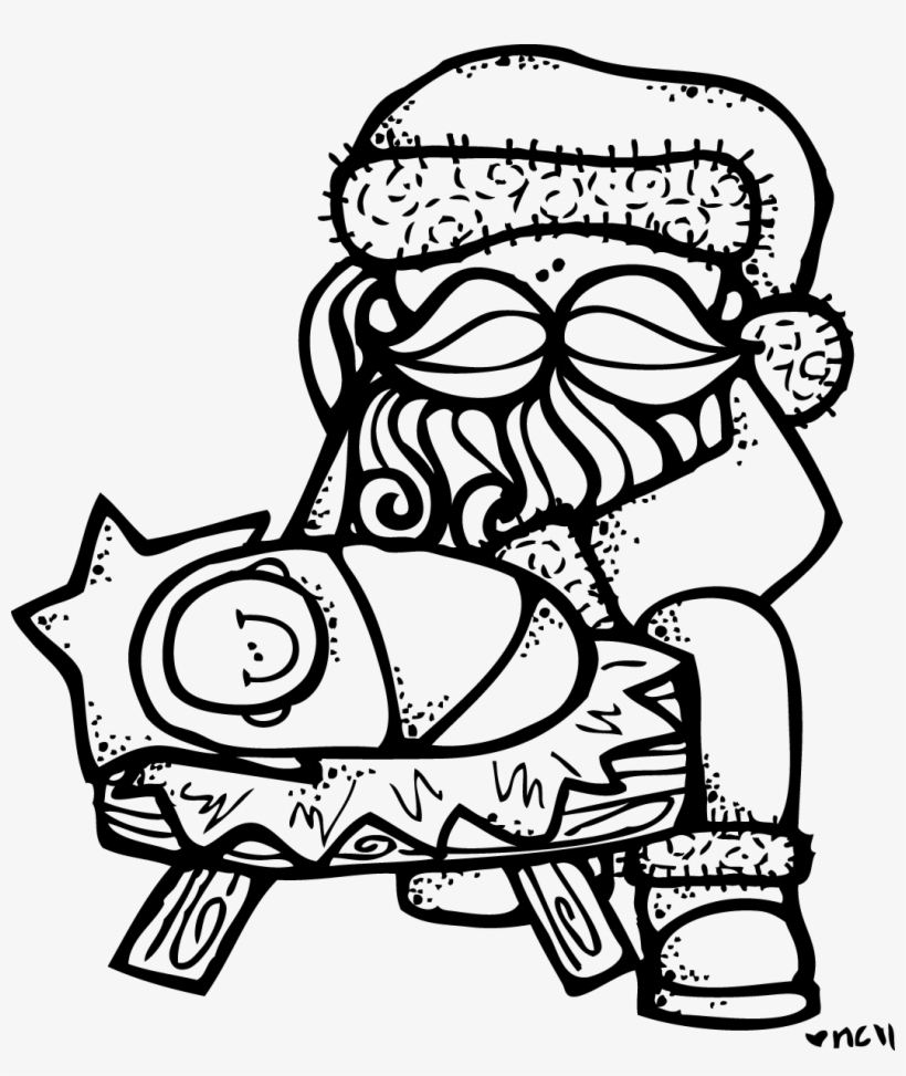 Baby Jesus Clip Art - Santa Kneeling At The Manger Coloring Page, transparent png #1221849