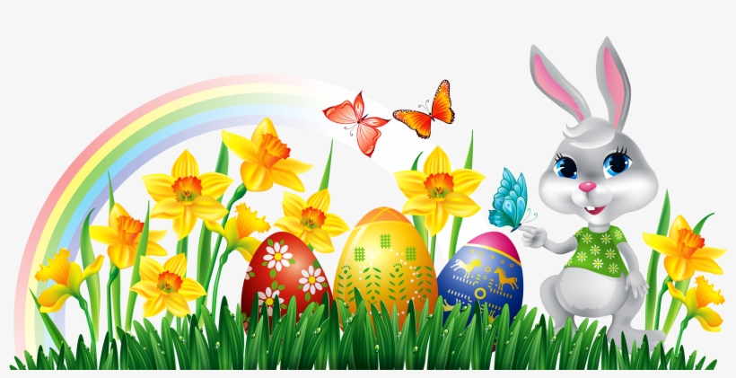 Easter Bunny With Daffodils Eggs And Grass Decor Png - Easter Bunny With Eggs Clipart, transparent png #1224987