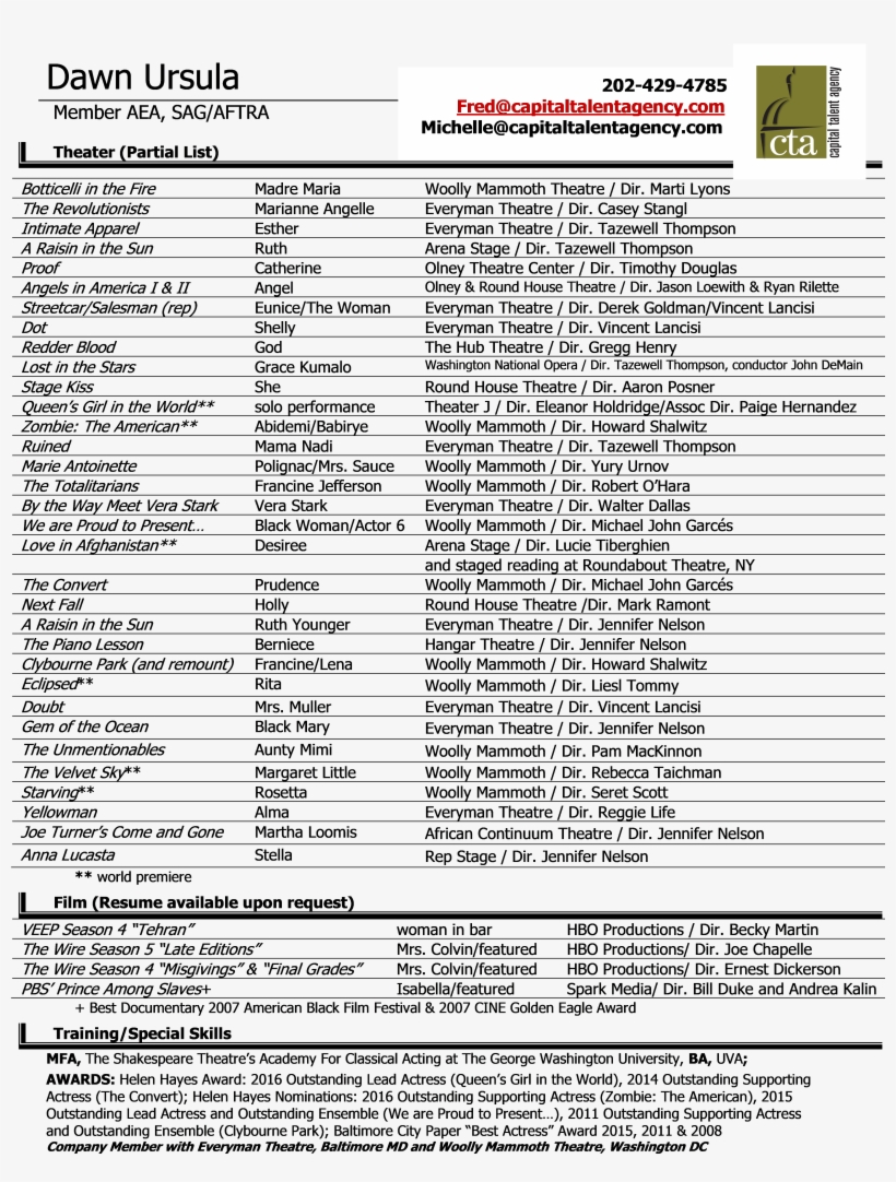 Dawn Ursula Theatrical Resume - Theatre, transparent png #1225619