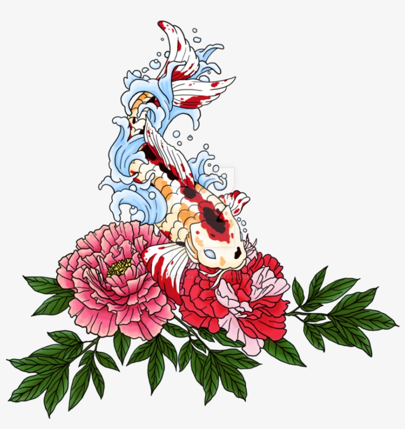 Koi Peony Tattoo - Colorful Peony Tattoo Design, transparent png #1229116