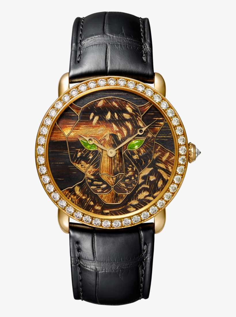 Ronde Louis Cartier Wood And Gold Leaf Marquetry Watch36 - Révélation D Une Panthère Watch Black Gif, transparent png #1244618