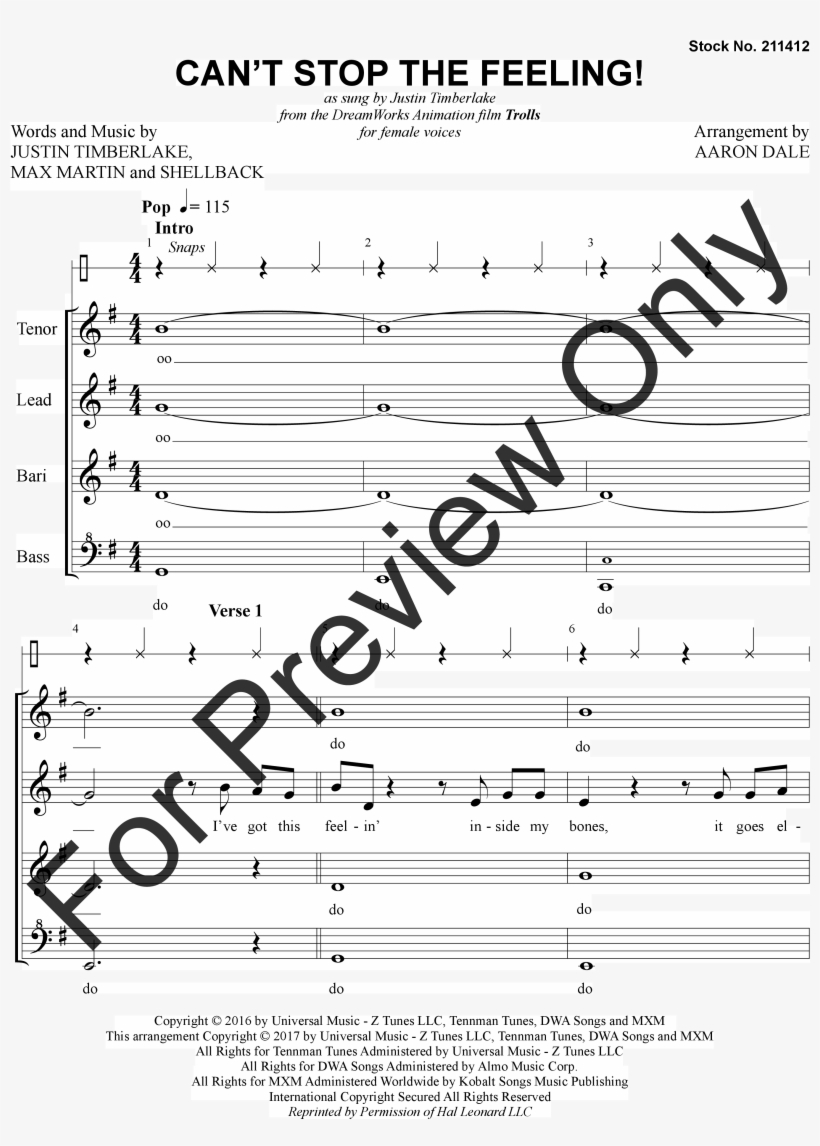 Thumbnail Can't Stop The Feeling - Sheet Music, transparent png #1263568