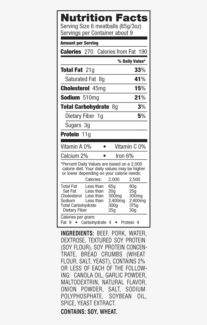 View Nutrition Facts - Wellsley Farms Turkey Meatballs Nutrition, transparent png #1266848