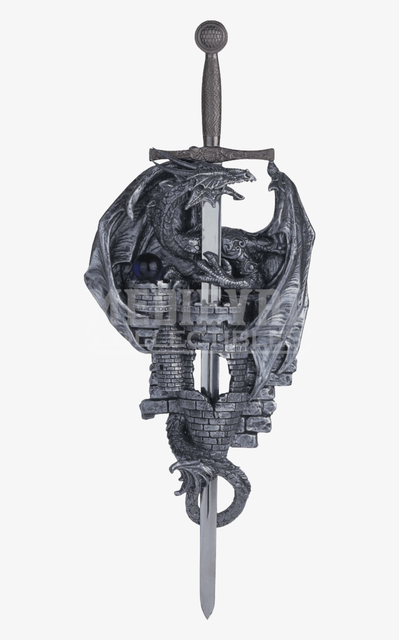 Dragon And Castle With Sword Wall Plaque - Dragon Wrapped Around A ...