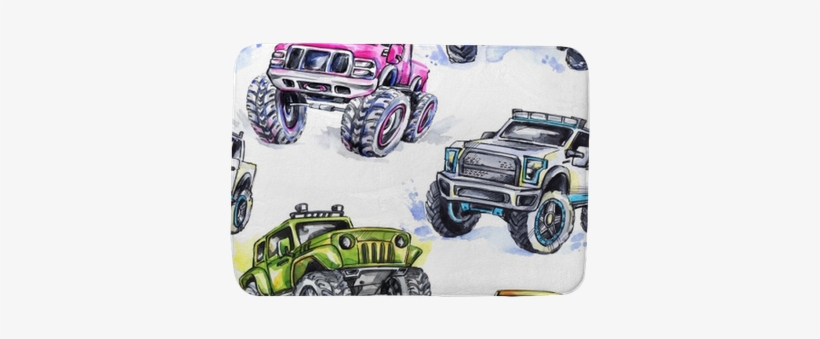 Watercolor Seamless Pattern Cartoon Monster Trucks - Sport Utility Vehicle, transparent png #132988