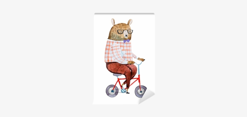 Cartoon Bear Dressed Up In Hipster Clothes Riding A - Watercolor Painting, transparent png #133869