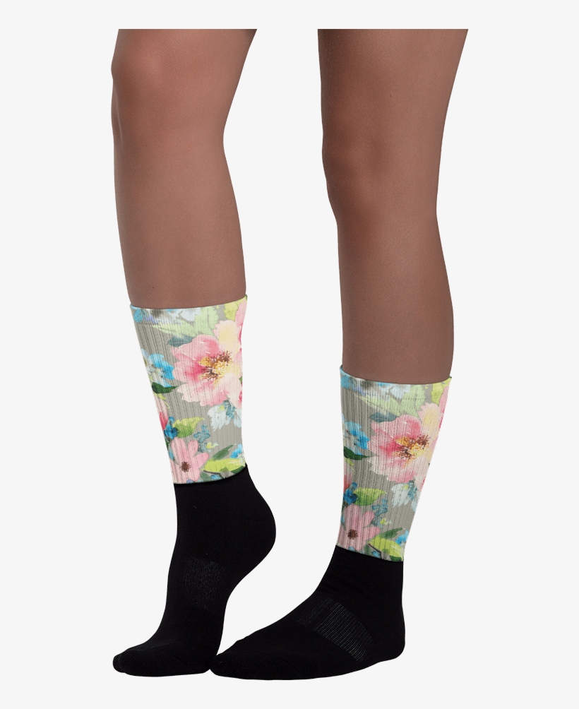 Watercolor Floral Black Foot Socks - Sock, transparent png #137305