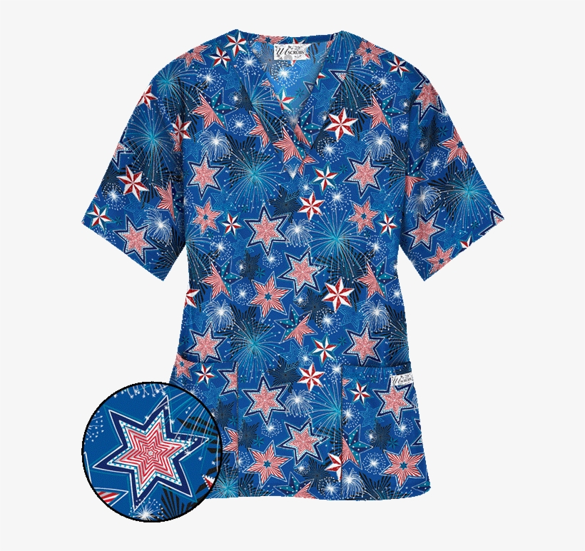 Fireworkstops - Ua Fireworks Red V-neck Print Scrub Top, transparent png #1302921