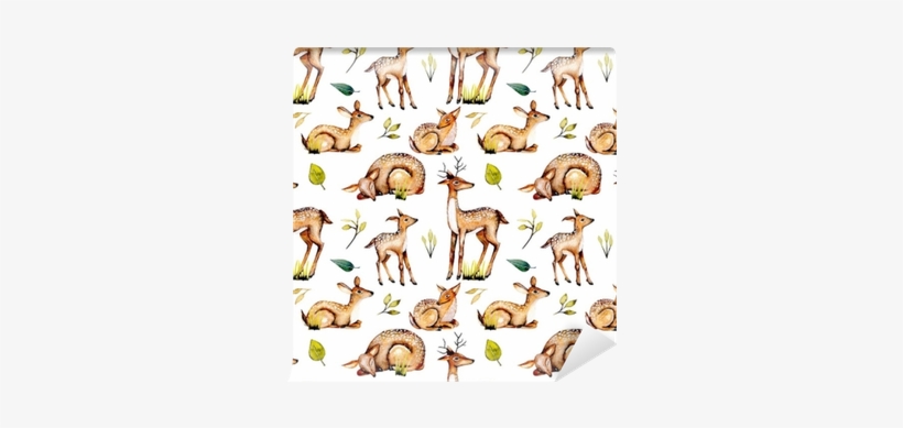 Seamless Pattern With Watercolor Deers, Baby Deers - Deer, transparent png #1303340