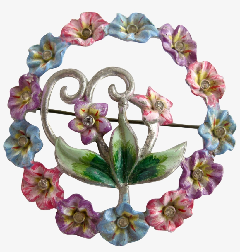 Vintage Coro Enamel Pastel Flower Circle Brooch - Brooch, transparent png #1307202