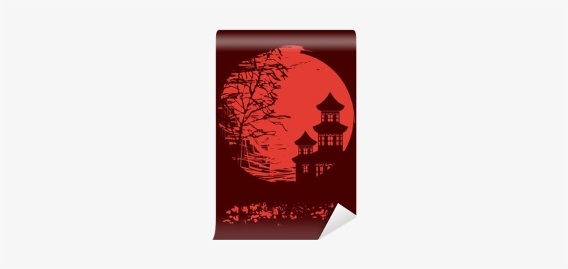 Autumn Tree And Two Pagodas On A Red Moon - Vector Graphics, transparent png #1327611